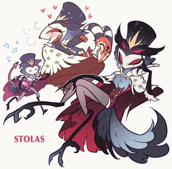 2boys bird_legs bird_tail black_headwear blitzo_(helluva_boss) bound cape carrying carrying_person character_name closed_eyes closed_mouth colored_sclera demon extra_eyes feathers full_body furry furry_male hand_on_own_face hand_up hat heart hellaverse helluva_boss highres horns invisible_chair jacket looking_at_viewer male_focus meremero multiple_boys open_mouth owl_boy red_cape red_eyes red_jacket sharp_teeth simple_background sitting smile stolas_(helluva_boss) striped_horns tail talons teeth tied_up_(nonsexual) torn_cape torn_clothes white_background