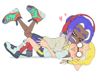 1boy 1girl ariamikukanzaki blonde_hair blue_hair blush_stickers boots braid closed_eyes commentary dark-skinned_male dark_skin eyebrow_cut gradient_hair headphones heart hetero hirooooo_(splatoon) hug interracial lying multicolored_hair nintendo o_o on_back shirt shoes short_shorts shorts side_braid signature sneakers splatoon_(series) splatoon_3 sweat t-shirt tentacle_hair triangle_mouth veronika_(splatoon) very_dark_skin