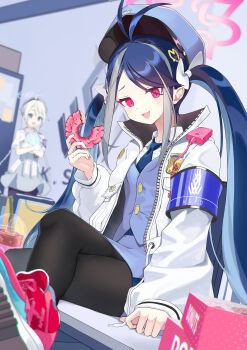 Rule 34 | 2girls, ahoge, armband, blue archive, blue hair, blue skirt, blue vest, blurry, blurry background, braid, coat, crossed legs, cup, disposable cup, donut, food, fubuki (blue archive), hat, highres, kirino (blue archive), long hair, lows., multiple girls, necktie, pantyhose, pink eyes, police, police hat, police uniform, shoes, skirt, sneakers, twin braids, twintails, vest, white coat, white hair