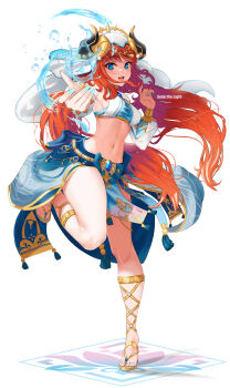 1girl absurdres artist_name blue_eyes blue_gemstone blue_veil brooch circlet commentary dancer english_commentary fake_horns feet flip-flops full_body gem genshin_impact gladiator_sandals gold_sandals gold_trim harem_outfit highres horns jewelry legs long_hair long_sleeves nail_polish navel neck_ring nilou_(genshin_impact) open_mouth puffy_long_sleeves puffy_sleeves red_hair sandals seizethelight smile solo stomach toenail_polish toenails toes veil very_long_hair white_headdress white_veil