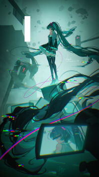 1girl absurdly_long_hair arm_tattoo ayiiiyiii bar_censor black_boots black_skirt boots censored chromatic_aberration commentary crt dated detached_sleeves from_behind glitch hatsune_miku high_heel_boots high_heels highres holding holding_behind_back holding_microphone long_hair microphone profile screen shirt signature skirt sleeveless sleeveless_shirt solo standing tattoo television thigh_boots thighhighs tokumei_m_(vocaloid) traffic_light twintails very_long_hair video_camera vocaloid zettai_ryouiki