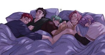 5boys abby_(kpop_demon_hunters) anaiessan aqua_hair baby_(kpop_demon_hunters) black_hair closed_eyes commentary highres interlocked_fingers jinu_(kpop_demon_hunters) kpop_demon_hunters male_focus multiple_boys mystery_(kpop_demon_hunters) pink_hair purple_hair romance_(kpop_demon_hunters) short_hair simple_background sleeping sleeping_on_person white_background