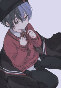 1boy 9u9ud aged_down aoyagi_touya black_pants blue_hair child collared_shirt diamond_(shape) hair_between_eyes hands_up hat highres layered_clothes long_sleeves male_focus mole mole_under_eye multicolored_hair neck_ribbon official_alternate_costume pants project_sekai ribbon shirt short_hair simple_background sitting solo split-color_hair sweater take_the_best_shot!_(project_sekai) two-tone_hair v-neck wing_collar