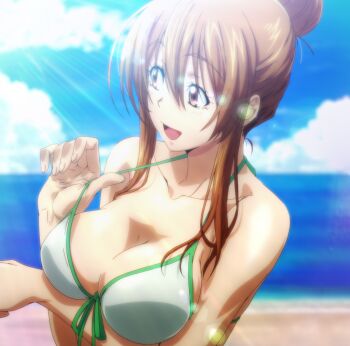 1girl anime_screenshot arm_under_breasts bikini breasts brown_eyes brown_hair cleavage collarbone front-tie_bikini_top front-tie_top grand_blue highres kotegawa_nanaka large_breasts open_mouth smile stitched strap_pull swimsuit third-party_edit white_bikini