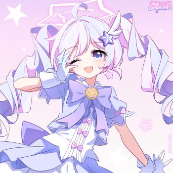 1girl ;d absurdres ahoge artist_name back_bow blue_archive bow bowtie chinese_commentary commentary_request dated drill_hair earrings gloves gradient_background hair_ornament halo hand_up highres jacket jewelry layered_skirt light_blush long_hair looking_at_viewer magical_girl multicolored_hair official_alternate_costume official_alternate_hairstyle one_eye_closed open_mouth outstretched_hand pink_bow pink_hair puffy_short_sleeves puffy_sleeves purple_background purple_bow purple_bowtie purple_eyes purple_hair purple_jacket purple_skirt reisa_(blue_archive) reisa_(magical)_(blue_archive) shirt short_sleeves signature skirt smile solo southernsandbox star_(symbol) star_earrings star_hair_ornament star_halo star_symbol_background twin_drills twintails two-tone_hair upper_body white_gloves white_shirt white_skirt wing_hair_ornament