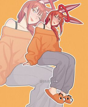 1girl ;p animal_ears celebelian chainsaw_man character_print grey_pants halo makima_(chainsaw_man) one_eye_closed orange_eyes orange_sweater pants pochita_(chainsaw_man) rabbit_ears rabbit_girl red_hair red_halo slippers solo sweater tongue tongue_out zoom_layer