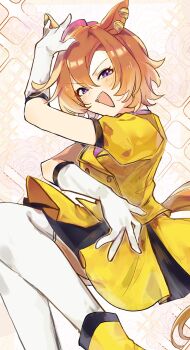 1girl amano_(amano_miko) animal_ears boots buttons dress elbow_gloves flower gloves hat highres horse_ears horse_girl horse_tail official_alternate_costume open_mouth orange_hair pink_hat purple_eyes rose solo sparkle t.m._opera_o_(umamusume) tail teeth thighhighs umamusume upper_teeth_only v-shaped_eyebrows white_flower white_gloves white_rose white_thighhighs yellow_boots yellow_dress zombie_land_saga