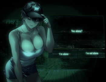 1girl adjusting_clothes adjusting_headwear armpit_crease bare_shoulders baseball_cap black_hair black_hat black_nails black_shorts bracelet breasts cleavage collar commentary cross cross_earrings cross_necklace dark-skinned_female dark_skin ear_piercing earrings english_text game_screenshot_background gradient_hair hair_between_eyes hand_up hashtag-only_commentary hat highres jewelry large_breasts looking_at_viewer lower_teeth_only may_(ulularts) multicolored_hair necklace no_i'm_not_a_human original outdoors parted_lips piercing screenshot_background short_hair shorts smile solo sweat tank_top teeth thighs tomboy ulularts white_tank_top