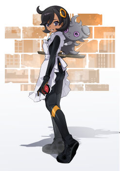 1girl absurdres ahoge alternate_costume apron ass black_bodysuit black_gloves black_hair black_shoes bodysuit bodysuit_under_clothes cat commentary_request cowlick dark-skinned_female dark_skin emma_(pokemon) enmaided espurr full_body gen_6_pokemon gloves grey_fur hair_between_eyes hair_ornament hairclip highres holding holding_poke_ball holding_tray latex latex_bodysuit looking_at_viewer looking_back maid maid_apron myuga66666 nintendo orange_gloves parted_lips poke_ball poke_ball_(basic) pokemon pokemon_(creature) pokemon_legends:_z-a purple_eyes shadow shoes short_hair sidelocks smile standing swept_bangs tray two-tone_gloves white_apron white_background