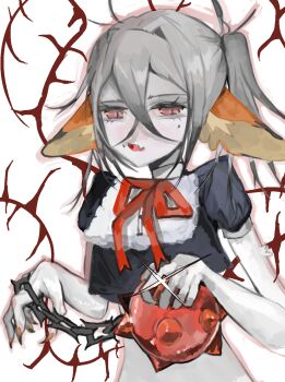 1girl animal_ears chain colored_skin fang fox_ears grey_hair grey_shirt hair_between_eyes highres holding holding_mace holding_weapon mace midriff mole mole_under_eye monster_girl open_mouth orange_nails original pink_eyes plushrot red_ribbon ribbon shirt short_sleeves skin_fang solo spiked_mace spikes thorns upper_body weapon white_background white_skin