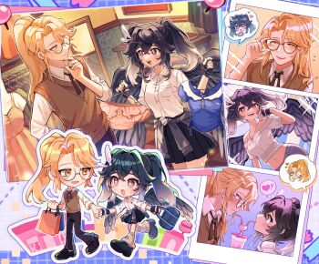 1boy 1girl adjusting_eyewear black_hair black_skirt black_wings brown_eyes brown_hair brown_sweater_vest calxulatrice collared_shirt commentary cross cross_necklace degrees_of_lewdity dusty_(calxulatrice) english_commentary feathered_wings glasses highres holding_hands image_in_speech_bubble jewelry long_hair midriff multiple_views navel necklace open_mouth player_character_(degrees_of_lewdity) player_character_(female)_(degrees_of_lewdity) polaroid_photo shirt skirt sweater_vest sydney_(degrees_of_lewdity) sydney_(male)_(degrees_of_lewdity) white_shirt wings