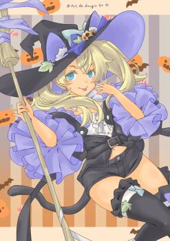 1girl animal_ear_fluff animal_ears black_hat black_jacket black_shorts blonde_hair blue_eyes broom cat_ears cat_tail frilled_jacket frilled_thighhighs frilled_tube_top frills gambier_bay_(halloween)_(kancolle) gambier_bay_(kancolle) gambier_bay_mk_ii_(kancolle) halloween_costume hat highres jack-o&#039;-lantern jack-o&#039;-lantern_hat_ornament jacket kantai_collection long_hair pot-de shirt short_shorts shorts solo strapless tail thighhighs tongue tongue_out tube_top twintails twitter_username white_shirt witch_hat