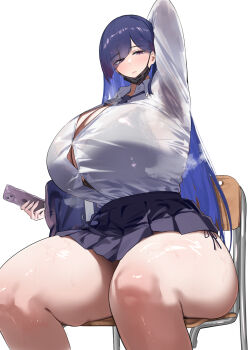 1girl arm_behind_head armpits blue_hair bra_visible_through_clothes breasts button_gap cellphone chair cleavage diagonal_bangs eyes_visible_through_hair hair_over_one_eye highres holding holding_phone huge_breasts lips long_hair mask mask_pull mouth_mask necktie original panties phone pink_eyes school_uniform seito_edaha shirt side-tie_panties sitting skirt smartphone solo sweat thick_thighs thighs tight_clothes tight_shirt underwear white_background white_shirt