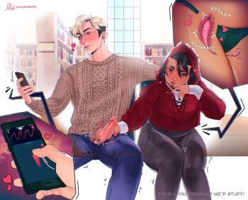 1boy 1girl aran_sweater artist_name assisted_masturbation black_hair black_panties black_pants blonde_hair blue_eyes blue_pants blush book bookshelf bow bow_panties brown_hair brown_sweater cable_knit caption cass_(onyx_daydream) cellphone clothed_sex computer cross-section cum dark-skinned_female dark_skin denim elliot_(onyx_daydream) english_text eyebrows_hidden_by_hair hand_on_another's_head hand_to_own_mouth handjob heart hetero holding holding_phone hood hoodie horns inset invisible_chair jeans laptop library looking_at_phone looking_down marker mechanical_pencil medium_hair multicolored_hair oni_horns onyx_daydream open_mouth original panties pants pencil penis phone precum public_indecency pussy_juice red_eyes red_hoodie remote_control_vibrator sex_toy shirt signature sitting small_horns smartphone sound_effects stealth_handjob stealth_sex sweat sweater table textbook trembling two-tone_hair uncensored underwear vibrator vibrator_under_clothes white_shirt window x-ray