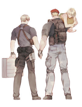 1girl 2boys absurdres ashley_graham beret black_gloves black_pants black_shirt blonde_hair bracelet brown_hair bulletproof_vest carrying carrying_person closed_eyes closed_mouth fingerless_gloves gloves green_skirt grey_pants hat highres holding holding_hands holding_phone holster jack_krauser jewelry leon_s._kennedy multiple_boys pants phone resident_evil resident_evil_4 resident_evil_4_(remake) shirt short_hair shoulder_holster simple_background skirt vetania white_background