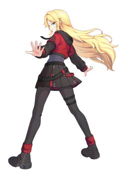 1girl absurdres alternate_costume belt black_nails blonde_hair blue_eyes bodystocking boots breasts choker commission commissioner_upload earrings eyelashes full_body highres ib_(kouri) jacket jewelry leg_warmers long_hair looking_at_viewer mary_(ib) non-web_source pantyhose petite rhan skirt small_breasts smirk solo tachi-e thigh_belt thigh_strap transparent_background zipper zipper_pull_tab