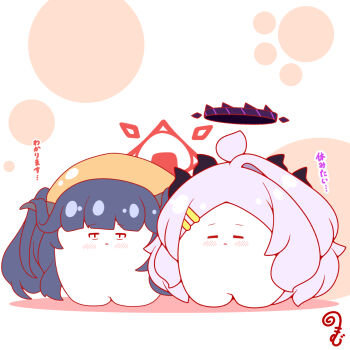 Rule 34 | ahoge, black hair, blue archive, blush, chibi, closed eyes, colored shadow, commentary request, fuuka (blue archive), grey hair, hair ornament, hairclip, halo, headscarf, highres, hina (blue archive), horns, kurukurumagical, long hair, parted bangs, parted lips, shadow, single hair intake, standing, translation request, twintails, very long hair, white background