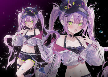 1girl bibi_(tokoyami_towa) black_choker black_hat black_shorts breasts choker demon_girl demon_tail ear_piercing green_eyes hair_ornament hairpin hat hololive kobayashi_yoshitaka long_hair looking_at_viewer multicolored_nails navel navel_piercing o-ring o-ring_choker open_mouth piercing pink_hair pink_nails short_shorts shorts small_breasts solo tail thigh_strap tokoyami_towa tokoyami_towa_(1st_costume) twintails very_long_hair virtual_youtuber yellow_nails