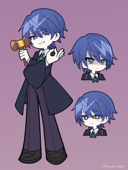1boy akutoku_no_judgement_(vocaloid) black_shoes blue_eyes blue_hair blush bright_pupils clenched_teeth closed_mouth collared_shirt commentary_request evillious_nendaiki gallerian_marlon hammer hands_up highres holding holding_hammer kaito_(vocaloid) long_sleeves male_focus mone_sekai multiple_views purple_background shirt shoes short_hair simple_background smile teeth vocaloid white_pupils