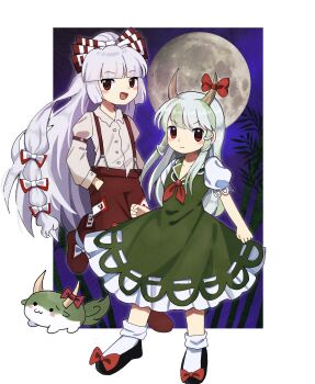 Rule 34 | 2girls, bamboo, black shoes, blunt bangs, blush stickers, bobby socks, bow, clenched hand, closed mouth, collared dress, collared shirt, commentary request, dress, ex-keine, footwear bow, frown, fujiwara no mokou, full body, full moon, green dress, green hair, hair bow, hands in pockets, highres, horn bow, horn ornament, horns, juliet sleeves, kamishirasawa keine, long hair, long sleeves, looking at viewer, moon, multiple girls, multiple hair bows, neckerchief, ofuda, ofuda on clothes, open mouth, outside border, pants, puffy sleeves, purple sky, red bow, red eyes, red neckerchief, red pants, red shoes, shirt, shoes, sidelocks, sky, smile, socks, standing, sukusuku hakutaku, suspenders, touhou, very long hair, walking, white background, yamadainari