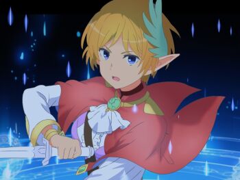 1girl ascot blonde_hair blue_eyes bracelet brooch capelet center_frills commentary dagger dungeon_ni_deai_wo_motomeru_no_wa_machigatteiru_darou_ka elf frills frown hair_ornament holding holding_dagger holding_knife holding_weapon jewelry knife lefiya_viridis light_particles long_sleeves looking_at_viewer maou_(ajtdmw369) open_mouth pointy_ears red_capelet reverse_grip shirt short_hair solo sword_oratoria upper_body weapon white_ascot white_shirt wind