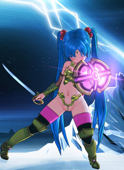 1girl 3d armor bikini_armor blue_hair blush breasts collar earrings feet female_focus fingernails freckles full_body highres indoors jewelry kyoshourz loli long_hair looking_at_viewer masaki_sasami_jurai nail_polish perky_breasts pink_nails public_indecency slave small_breasts solo standing sword tagme tattoo tenchi_muyou! twintails very_long_hair weapon