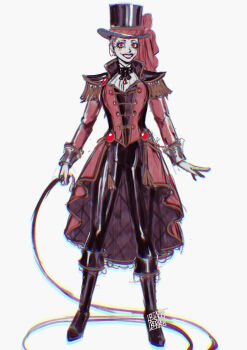 1girl absurdres beaded_eyelashes blackberreh-art boots colored_skin design_speculation epaulettes eyelashes grin hat highres holding holding_whip lips makeup nikola_orsinov pants red_eyes red_hair rouge_(makeup) short_hair smile solo the_magnus_archives very_short_hair whip white_skin