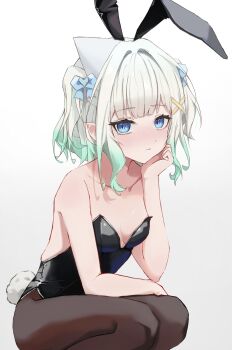 1girl absurdres alternate_costume animal_ears bare_shoulders black_leotard black_pantyhose blue_eyes breasts collarbone fake_animal_ears fake_tail green_hair grey_hair highres immakms_zzz indie_virtual_youtuber leotard mint_fantome pantyhose playboy_bunny rabbit_ears rabbit_tail short_hair small_breasts solo strapless strapless_leotard tail virtual_youtuber