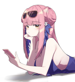 Rule 34 | 1girl, absurdres, arknights, bare shoulders, beudelb, black-framed eyewear, black eyeshadow, blush, breasts, ceylon (arknights), ceylon (holiday) (arknights), cleavage, double bun, dress, eyeshadow, eyewear on head, flower, hair bun, highres, holding, holding phone, long hair, looking at viewer, lying, makeup, medium breasts, official alternate costume, on stomach, phone, pink hair, purple dress, solo, sunglasses, swimsuit, white background, yellow eyes