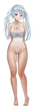 1girl absurdres arms_at_sides barefoot breasts collarbone colored_tips commentary covered_navel full_body gluteal_fold gradient_hair grey_hair highres large_breasts long_hair looking_at_viewer mole mole_on_breast multicolored_hair nonekong one-piece_swimsuit original parted_lips pink_eyes sideless_outfit sideless_swimsuit simple_background solo standing swimsuit water_drop wet wet_clothes wet_swimsuit white_background white_one-piece_swimsuit