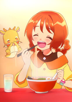 Rule 34 | 1girl, bowl, braid, brown hair, chopsticks, closed eyes, cup, delicious party precure, drinking glass, eating, food, hair rings, hanamichi ran, highres, holding, holding chopsticks, holding spoon, jewelry, kyanos (b 0000ff), long sleeves, mem-mem (precure), necklace, noodles, off-shoulder shirt, off shoulder, open mouth, precure, ramen, shirt, short hair, sleeveless, sleeveless shirt, smile, solo, spoon, twin braids, undershirt, watch, wristwatch, yellow shirt