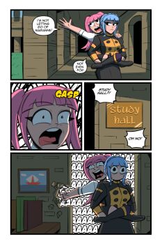 2girls arktoons bloodshot_eyes blue_hair boots braid carrying clinging comic crown_braid cut_bangs drawing_(object) english_text fire_emblem fire_emblem:_three_houses highres hilda_valentine_goneril long_hair marianne_von_edmund multiple_girls nintendo piggyback pink_hair resisting scene_reference sidelocks speech_bubble spongebob_squarepants_(series) teeth text_background thighhighs tongue twintails upper_teeth_only