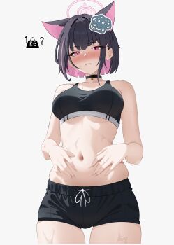 Rule 34 | 1girl, absurdres, alternate costume, animal ears, bare arms, bare shoulders, black choker, black hair, black horns, black shorts, black sports bra, blue archive, blush, breasts, cat ears, cat girl, cawl, choker, closed mouth, collarbone, colored inner hair, commentary, cowboy shot, drawstring, earrings, english commentary, extra ears, grey background, hair behind ear, hair ornament, hairclip, half-closed eyes, halo, hands on own stomach, hands up, highres, horns, jewelry, kazusa (blue archive), looking at self, looking down, medium breasts, multicolored hair, navel, nose blush, pendant choker, pink eyes, pink hair, pink halo, short hair, shorts, simple background, solo, sports bra, squiggle, standing, stomach, stud earrings, sweat, two-tone hair, v-shaped eyebrows, wavy mouth, weight conscious