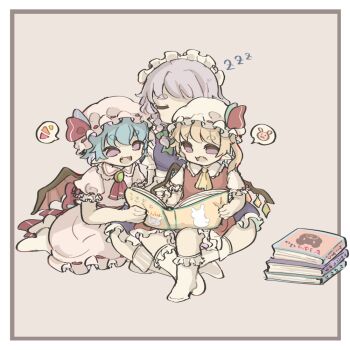 3girls :d apron ascot blonde_hair blue_dress blue_hair book book_stack border chigu closed_eyes commentary_request dress fang flandre_scarlet frilled_socks frills full_body grey_background grey_hair holding holding_book izayoi_sakuya maid maid_headdress multiple_girls open_book open_mouth outside_border pink_dress purple_eyes rabbit remilia_scarlet short_hair simple_background sitting sleeping smile socks spoken_animal spoken_notice_lines thick_eyebrows touhou white_apron white_border white_socks yellow_ascot zzz