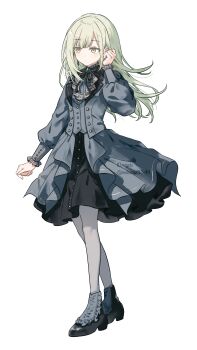 Rule 34 | 1girl, absurdres, bang dream!, bang dream! it's mygo!!!!!, black ribbon, black shoes, brooch, closed mouth, collared dress, commentary, dress, earrings, frilled sleeves, frills, full body, green hair, grey dress, grey jacket, grey pantyhose, hand up, highres, jacket, jewelry, long hair, long sleeves, neck ribbon, pantyhose, puffy long sleeves, puffy sleeves, ribbon, shoes, sidelocks, simple background, solo, standing, untranslatable commentary, wakaba mutsumi, white background, yellow eyes