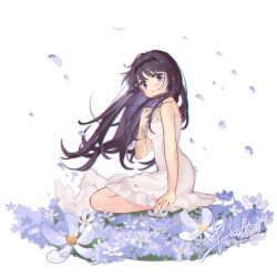 Rule 34 | 1girl, absurdres, akemi homura, alternate costume, bare arms, bare shoulders, black hair, black hairband, blue eyes, dress, falling petals, field, floating hair, flower, flower field, frilled dress, frills, from side, full body, hairband, hand on own chest, highres, long hair, looking at viewer, mahou shoujo madoka magica, mahou shoujo madoka magica (anime), parted lips, petals, seiza, shan tong tong, signature, simple background, sitting, sleeveless, sleeveless dress, solo, sundress, white background, white dress, wind