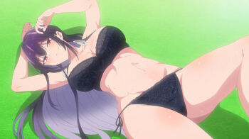 1girl absurdres anime_screenshot arm_over_head armpits arms_up bare_legs black_bra black_panties blush bra breasts colored_inner_hair female_focus hair_ribbon haite_kudasai_takamine-san highres knee_up large_breasts long_hair looking_at_viewer lying multicolored_hair navel on_back on_grass panties purple_hair red_eyes ribbon side-tie_panties solo stitched takamine_takane thighs third-party_edit underwear underwear_only very_long_hair white_ribbon