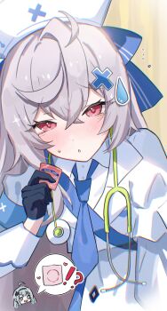 !? ... 2girls :o absurdres alcohol_swab armband beatrixa_(stella_sora) black_gloves blue_armband blue_bow blue_necktie blush bow chibi chibi_inset commentary_request condom condom_wrapper cropped_shirt crossed_bangs female_tyrant_(stella_sora) gloves grey_hair hair_between_eyes hair_bow hat highres long_sleeves looking_at_viewer misunderstanding multiple_girls necktie nurse nurse_cap red_eyes shirt skirt solo_focus spoken_interrobang stella_sora stethoscope_around_neck sweatdrop tyrant_(stella_sora) white_shirt white_skirt yano_(merico_jp) yellow_background