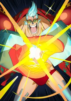 1boy blue_hair commentary commentary_request english_commentary facial_hair franky_(one_piece) hawaiian_shirt long_sideburns male_focus male_swimwear mixed-language_commentary oda_eiichirou official_art one_piece open_clothes open_mouth open_shirt red_male_swimwear shirt short_hair sideburns smile solo spiked_hair sunglasses teeth