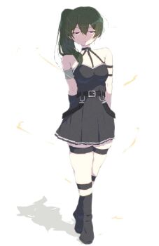 1girl apron arm_strap bare_shoulders belt black_boots black_choker black_dress boots choker dress full_body green_hair highres kaneko_ryou long_hair looking_at_viewer pleated_skirt purple_eyes side_ponytail skindentation skirt sleeveless sleeveless_dress solo sousou_no_frieren standing thigh_strap thighs ubel_(sousou_no_frieren) waist_apron walking white_background