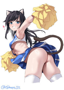 1girl animal_ear_fluff animal_ears arm_up armpits artist_name asashio_(kancolle) ass black_hair blue_eyes blue_skirt bottomless breasts cat_ears cat_tail cheerleader commentary_request crop_top ebifurya from_behind heart highres holding holding_pom_poms kantai_collection kemonomimi_mode looking_at_viewer medium_breasts one-hour_drawing_challenge pom_pom_(cheerleading) pom_poms ribs simple_background skirt solo tail thighhighs thighs twisted_torso twitter_username underboob white_background white_thighhighs