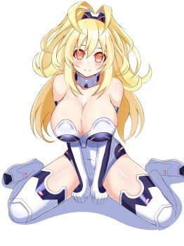 1girl antenna_hair bare_shoulders blonde_hair blush boots breasts cleavage commentary_request curly_hair detached_collar elbow_gloves full_body gloves hair_between_eyes happy high_ponytail highres kami_jigen_game_neptune_v large_breasts leotard long_hair neptune_(series) open_mouth orange_eyes ponytail power_symbol power_symbol-shaped_pupils revision sitting smile solo staring stiris_rangetsu strapless strapless_leotard symbol-shaped_pupils thigh_boots upper_body very_long_hair wariza white_boots white_gloves white_leotard yellow_eyes yellow_heart_(neptunia)