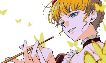 1girl absurdres ako_(eanaaati1) beatrice_(umineko) black_choker blonde_hair blue_eyes braid bug butterfly choker collarbone commentary eyelashes frilled_choker frills golden_butterfly highres holding holding_smoking_pipe insect portrait short_hair simple_background smile smoking_pipe solo symbol-only_commentary umineko_no_naku_koro_ni upper_body white_background