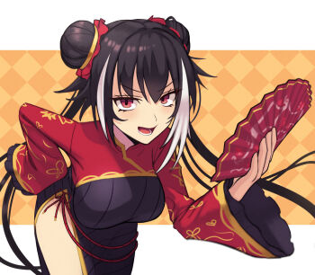 1girl black_dress black_hair breasts commentary cowboy_shot double_bun dress english_commentary frilled_sleeves frills gold_trim hair_bun hand_on_own_hip highres jia_xichun_(project_moon) leaning_forward limbus_company long_hair looking_at_viewer multicolored_hair open_mouth project_moon red_ribbon red_shrug ribbon shrug_(clothing) silverchariotx smile solo streaked_hair twintails very_long_hair white_streaks wide_sleeves