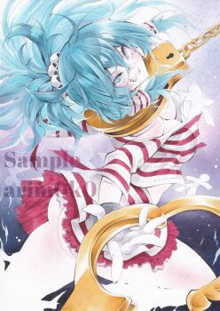 Rule 34 | 1girl, arim0k0, artist name, ass, blue eyes, blue hair, breasts, commentary, cuffs, frills, from side, ghost tail, gloves, grin, hair between eyes, hair ornament, hair tubes, handcuffs, highres, long hair, looking at viewer, looking to the side, medium breasts, miyadeguchi mizuchi, no bra, no panties, open clothes, open shirt, paper doll, parted lips, ponytail, red shirt, red skirt, sample watermark, shirt, skirt, skull hair ornament, smile, solo, striped clothes, striped shirt, striped skirt, thighs, touhou, traditional media, two-tone shirt, two-tone skirt, watermark, white gloves, white shirt