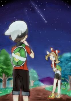 1boy 1girl backpack bag bike_shorts bike_shorts_under_shorts black_pants black_shorts blue_eyes blush brendan_(pokemon) brown_hair commentary_request eyelashes fanny_pack from_behind grass green_bag hairband hat highres kisama_(0213) may_(pokemon) medium_hair night night_sky nintendo open_mouth outdoors pants path pointing pointing_up pokemon pokemon_oras red_hairband red_shirt road shirt shoes shooting_star short_hair shorts sky smile standing star_(sky) starry_sky tree white_hat white_shorts yellow_shoes