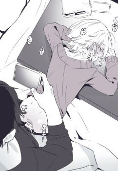 2boys alternate_costume bottomless cellphone closed_eyes commentary_request cr-r from_behind greyscale holding holding_phone kotatsu long_sleeves male_focus monochrome multiple_boys nijisanji open_mouth phone rape recording sex sex_from_behind short_hair sidelocks sleep_molestation sleeping sweater table uzuki_kou virtual_youtuber yaoi