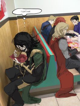 Rule 34 | 1girl, 4boys, avengers (series), beard, black bodysuit, black boots, black hair, black jacket, black pants, black widow, blonde hair, blue bodysuit, blush stickers, bodysuit, boots, brothers, bruce banner, cafe, cape, captain america, chain, chair, closed mouth, collared shirt, cup, disposable cup, eating, english text, facial hair, floor, food, gag, gagged, gauntlets, gold chain, gold trim, green cape, grey shirt, hands up, highres, holding, holding food, holding sandwich, indoors, jacket, loki (marvel), long sleeves, marvel, marvel, medium hair, meme, meme request, moongi boyy, multiple boys, natasha romanoff, no eyes, on chair, pants, purple shirt, red cape, red hair, sandwich, shirt, short hair, siblings, sitting, speech bubble, steve rogers, table, the avengers (2012), thor (marvel), thought bubble