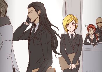 1girl 2020 4boys bald beard bindi black_gloves black_hair black_neckwear black_suit blonde_hair blush cellphone closed_mouth collar dark-skinned_male dark_skin dated earrings elena_(ff7) facial_hair final_fantasy final_fantasy_vii final_fantasy_vii_remake fingerless_gloves formal_clothes gloves goatee goggles goggles_on_head hands_on_another's_shoulders holding jewelry long_hair looking_at_another multiple_boys necktie out_of_frame parted_lips phone ponytail profile red_hair reno_(ff7) rude_(ff7) rufus_shinra shinra_hq shirt short_hair signature square_enix standing suit sunglasses talking_on_phone tseng turks_(ff7) walking white_shirt wing_collar