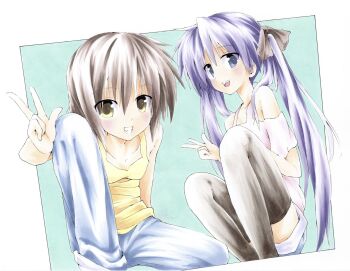 2girls aqua_background black_bow black_thighhighs blue_eyes bow brown_hair denim denim_shorts grin highres hiiragi_kagami jeans kusakabe_misao long_hair lucky_star multiple_girls off-shoulder_shirt off_shoulder pants pink_shirt purple_hair shiki_59 shirt short_hair shorts smile squatting tank_top thighhighs w yellow_eyes yellow_tank_top